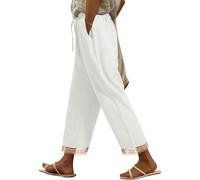 PASUDA Damen Hosen Sommer Bequeme Baumwolle Freizeithose Sommerhosen Hohe Taille Straight Leg Casual Hose Leicht Lockere Stoffhose mit Kordelzug und Taschen (Weiß, L)
