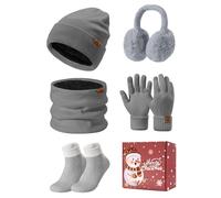 PASUDA Mützen Schal Handschuhe Damen Winter 5 Stücke Set Warme Fleece Gefütterte Beanie Wintermütze Halswärmer Touchscreen Handschuhe Plüsch Ohrenschützer Verdickte Socken Winterset (Grau, One Size)