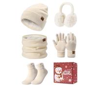 PASUDA Mützen Schal Handschuhe Damen Winter 5 Stücke Set Warme Fleece Gefütterte Beanie Wintermütze Halswärmer Touchscreen Handschuhe Plüsch Ohrenschützer Verdickte Socken Winterset (Beige, One Size)