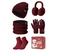 PASUDA Mützen Schal Handschuhe Damen Winter 5 Stücke Set Warme Fleece Gefütterte Beanie Wintermütze Halswärmer Touchscreen Handschuhe Plüsch Ohrenschützer Verdickte Socken Winterset(Weinrot, One Size)