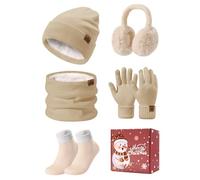 PASUDA Mützen Schal Handschuhe Damen Winter 5 Stücke Set Warme Fleece Gefütterte Beanie Wintermütze Halswärmer Touchscreen Handschuhe Plüsch Ohrenschützer Verdickte Socken Winterset (Khaki, One Size)