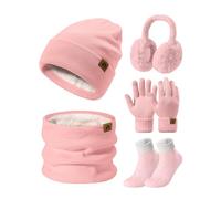 PASUDA Mützen Schal Handschuhe Damen Winter 5 Stücke Set Warme Fleece Gefütterte Beanie Wintermütze Halswärmer Touchscreen Handschuhe Plüsch Ohrenschützer Verdickte Socken Winterset (Rosa, One Size)