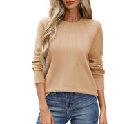 PASUDA Pullover Damen Herbst Winter Langarmshirt Elegant Sweatshirt Leichter Strickpullover Dünner Elastischer Casual Langarm Pulli Oberteile Rundhals Sweater Feinstrickpullover (Khaki, XL)