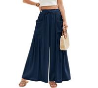 PASUDA Sommerhose Damen Leicht Weite Palazzo Hose Sommer Leinenhose Elastisch Taille Lockere Leinen Hosen Luftige Baggy Bequeme Freizeithose Strandhose Stoffhose mit Taschen Kordelzug (Marineblau, S)
