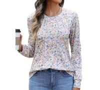 PASUDA Tshirt Damen Langarm Oberteile Casual Rundhals Langarmshirt Lockere T-Shirt Herbst Elegant Falten Geblümt Bluse Tunika Tops(Rosa Blüten,M)