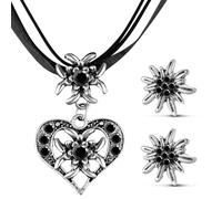 Patelai 3 Stück Trachtenschmuck Set Bayerisch Dirndlschmuck Trachtenkette mit Strass Edelweiß Herz Anhänger und Edelweiß Ohrstecker für Damen Bierfest Trachten Dirndl Outfit Accessoires (Schwarz)
