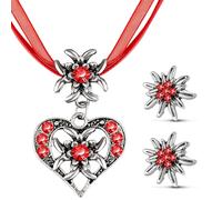 Patelai 3 Stück Trachtenschmuck Set Bayerisch Dirndlschmuck Trachtenkette mit Strass Edelweiß Herz Anhänger und Edelweiß Ohrstecker für Damen Bierfest Trachten Dirndl Outfit Accessoires