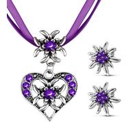 Patelai 3 Stück Trachtenschmuck Set Bayerisch Dirndlschmuck Trachtenkette mit Strass Edelweiß Herz Anhänger und Edelweiß Ohrstecker für Damen Bierfest Trachten Dirndl Outfit Accessoires(Lila)