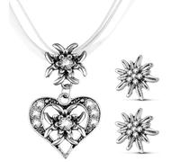 Patelai 3 Stück Trachtenschmuck Set Bayerisch Dirndlschmuck Trachtenkette mit Strass Edelweiß Herz Anhänger und Edelweiß Ohrstecker für Damen Bierfest Trachten Dirndl Outfit Accessoires