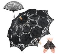 Paterr 3 Stück Vintage Spitze Sonnenschirm Gothic Schwarz Spitze Hand Faltbarer Fan Handschuh Lolita Regenschirm für Halloween Hexe Hochzeit Braut Cosplay Fotoshooting Lady Kostüm Requisiten 1920er