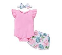 PATPAT Baby Kleidung Mädchen Baumwolle Neugeborenen Strampler Kleidung, Kurze Ärmel | Ärmellos+ Schleifenshorts + Stirnband Bekleidungssets für Mädchen, 3Pcs Sommer 0-18 Monate Geschenk