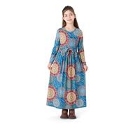 PATPAT Mädchenkleid Langarm: Maxi Prinzessin Kleid Mädchen Elegant Gemustertes Teenager Kleid Blumen & Ethno Stil Kinderkleid für Festliches, Geburtstag, Fotografieren, BlauGrün 6-7 Jahre Gr.116-122