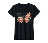Patriotischer Schmetterling Blumen USA Amerikanische Flagge Frauen T-Shirt, Damen, Schwarz, XL
