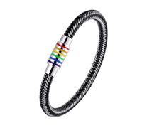 PAURO Herren Damen Stainless Steel 6MM Geflochtene LGBT Regenbogen Homosexuell Lesbian Stolz Armspange Armband Schwarz Silber 190MM