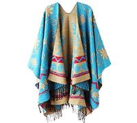 PB-SOAR Damen Doppelseitiger Poncho Cape Umhang Blumenmuster Schal Überwurf Cape mit Fransen, 2 Farben auswählbar (Blau)