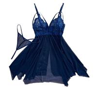 PBHGMGEBLV Unterwäsche-Set, Sommer, dünner BH, Nachthemd, Übergröße, Pyjama, Schlafrock, sexy V-Ausschnitt, Netz-Nachthemd(Blue,XL)