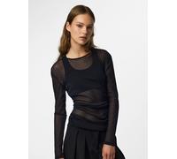 Langarmshirt PIECES "PCBOBO LS MESH ROUCHING TOP JRS NOOS", Damen, Gr. L, schwarz (schwarz aop:tiny schwarz dots), Jersey, Obermaterial: 100% Nylon, bedruckt, normal, Rundhals, Shirts Langarmshirt, Ku