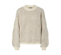 Rundhalspullover PIECES "PCJENNA LS O-NECK KNIT NOOS BC", Damen, Gr. M, weißcap gray detail:greige, Strick, Obermaterial: 79% Polyester, 13% Polyacryl, 5% Wolle, 3% Elasthan, gemustert, regular fit no