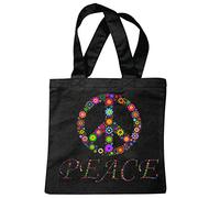 Peace Frieden Weltfrieden Zeichen Umwelt Freiheit Naturschutz Stoffbeutel Baumwolltasche Shopper Umhängebeutel 38x42cm lange Henkel wiederverwendbar waschbar Einkauf Alltag Schule Uni Farbe Schwarz
