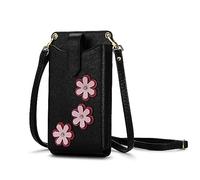 Peacocktion Handytasche zum Umhängen, Kleine Umhängetasche Damen, Crossbody Handytasche Geldbörse, Handy Umhängetasche mit Kartenfächer, Crossbody Tasche für Damen, 04-Schwarz Litchi Blumen