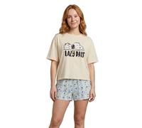 Peanuts Snoopy Damen-Pyjama-Set, cremefarben, Kurzarm | Blaue Shorts mit Snoopy- und Woodstock-Print | Baumwoll-Nachtwäsche zum Überziehen mit Rundhalsausschnitt | Loungewear-Geschenkidee