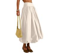 peassa Langer Damenrock, elastische Taille, A-Linie, plissiert, Rüschen, fließender Ballon-Rock mit Taschen, 1 - Beige / Weiß, Klein