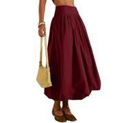 peassa Langer Damenrock, elastische Taille, A-Linie, plissiert, Rüschen, fließender Ballon-Rock mit Taschen, 1-weinrot, Groß