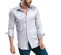 PECHEMO Herren Luxus glänzende Seide wie Satin Langarmhemden für Party Prom Paisleyhemd Reine Farbe Seidenhemden für Herren Hemden Langarm Knopf Lässige Kostüme Leistung Große Größe Hemden