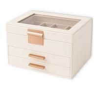 PECZEKO Schmuckkästchen, Schmuckbox mit transparenter Deckel, Schmuckkasten mit 3 Ebenen, 2 Schubladen, Schmuckaufbewahrung, modern - 23,1 x 20,3 x 13,5 cm, weiß