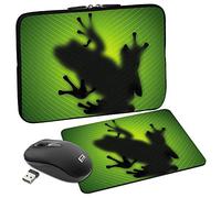 PEDEA Design Schutzhülle Notebook Tasche bis 17,3 Zoll (43,9cm) mit Mauspad und schnurloser Maus, Green Frog