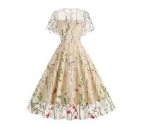 Pegsmio Elegante Abendkleider für Damen, Sommer, Rundhalsausschnitt, kurze Ärmel, Blumenmuster, Netzstoff, bestickt, Vintage-Kleid, aprikose, Medium