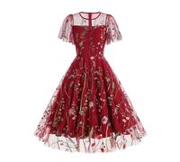 Pegsmio Elegante Abendkleider für Damen, Sommer, Rundhalsausschnitt, kurze Ärmel, Blumenmuster, Netzstoff, bestickt, Vintage-Kleid, burgunderfarben, Medium