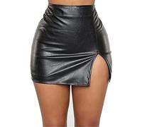 Pelisy Sexy geteilter Minirock für Damen, PU-Leder, hohe Taille, Reißverschluss, lässig, Skinny, Kunstlederröcke, Schwarz, Schwarz