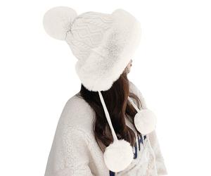 Pelzmütze Damen, Fellmütze Damen Winter Kosakenmütze mit Bommel Weich Russenmütze Flauschige Plüschhut Warm Fellhut Russische Pelzmütze Trapper Russian Hat Fell Trappermützen Plüsch Mütze Weiß