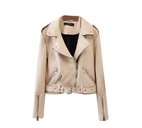 PengGeng Damen Bomber Kunstlederjacke Kurz Slim Fit Beiläufig Blouson Motorradjacke Bikerjacke Beige L