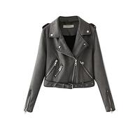 PengGeng Damen Bomber Kunstlederjacke Kurz Slim Fit Beiläufig Blouson Motorradjacke Bikerjacke Grau M