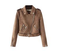 PengGeng Damen Bomber Kunstlederjacke Kurz Slim Fit Beiläufig Blouson Motorradjacke Bikerjacke Kaffee M