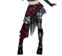 PengGengA Damen Gothic Rock Punk Karo Asymmetrischer Halbrock Hohe Taille A-Linien Maxirock mit Spitze Dark Aesthetic Outfit