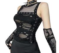 PengGengA Damen Gothic Tanktop Y2K Crop Top Fishnet Vest Punk Schulterfrei Oberteil Sexy Steam Emo Grunge Outfit Party Nachtclub Streetwear