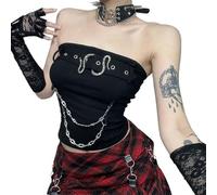 PengGengA Gothic Punk Korsett Trägertop Damen Schwarzes Crop Top mit Schlangen und Kettendetails Y2K Grunge Top Emo Rock Streetwear