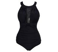 Pengniao Badeanzug Push Up Damen Figurformend Blumen Rüschen Große Größen Monokini Bademode Frauen Bandeau Bikini Schlankstütz Badeanzüge Einteiler Shape Bauchweg Badeanzug Hohem Ausschnitt Schwarz L