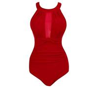 Pengniao Badeanzug Push Up Damen Figurformend Blumen Rüschen Große Größen Monokini Bademode Frauen Bandeau Bikini Schlankstütz Badeanzüge Einteiler Shape Bauchweg Badeanzug Hohem Ausschnitt Rot 3XL