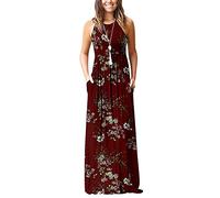 Pengniao Sommerkleider Lang Maxikleid Strandkleider Lange Kleider Sommer Blumenkleid Boho Bohemian Bodenlanges Kleid Maxi Sommerkleid Blumen Strandkleid Freizeitkleider Jerseykleid Große Größen Rot M