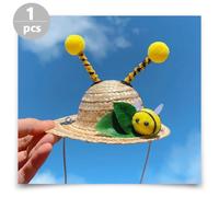 PENIKOKO Strohhut für Katzen mit Bienendesign Dekorativer Sommerhut aus Langlebigem Weizenstroh Atmungsaktiv und Bequem für Partys und Fotoshootings