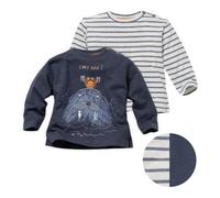 People Wear Organic Langarm-Shirt Doppelpack, dunkelblau mit Print "Walross" und maritim gestreift, aus Bio-Baumwolle 86/92