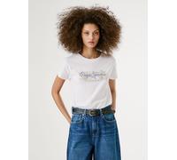 T-Shirt PEPE JEANS "AVA", Damen, Gr. L, weiß (800weiß), Single Jersey, Obermaterial: 100% Baumwolle, bedruckt, casual, regular fit, Rundhals, Kurzarm abgesteppte Kante, Shirts, mit floralem Print (491