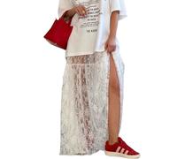 Perbai Damen Sexy Durchsichtiger Spitzenrock mit Hoher Taille Blumen-Stickerei Geschmückte A-Linie Langer Maxi Strandrock, Weiss/opulenter Garten, Groß