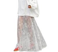 Perbai Damen Sexy Durchsichtiger Spitzenrock mit Hoher Taille Blumen-Stickerei Geschmückte A-Linie Langer Maxi Strandrock, Cremefarben, Groß