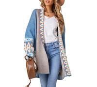 Perbai Damen-Strickjacke, Boho-Stil, Aztekenmuster, Schalkragen, vorne offen, Tribal-Stil, langer Pullover mit Taschen, Blau, Groß