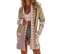 Perbai Damen-Strickjacke, Boho-Stil, Aztekenmuster, Schalkragen, vorne offen, Tribal-Stil, langer Pullover mit Taschen, Khaki, Groß